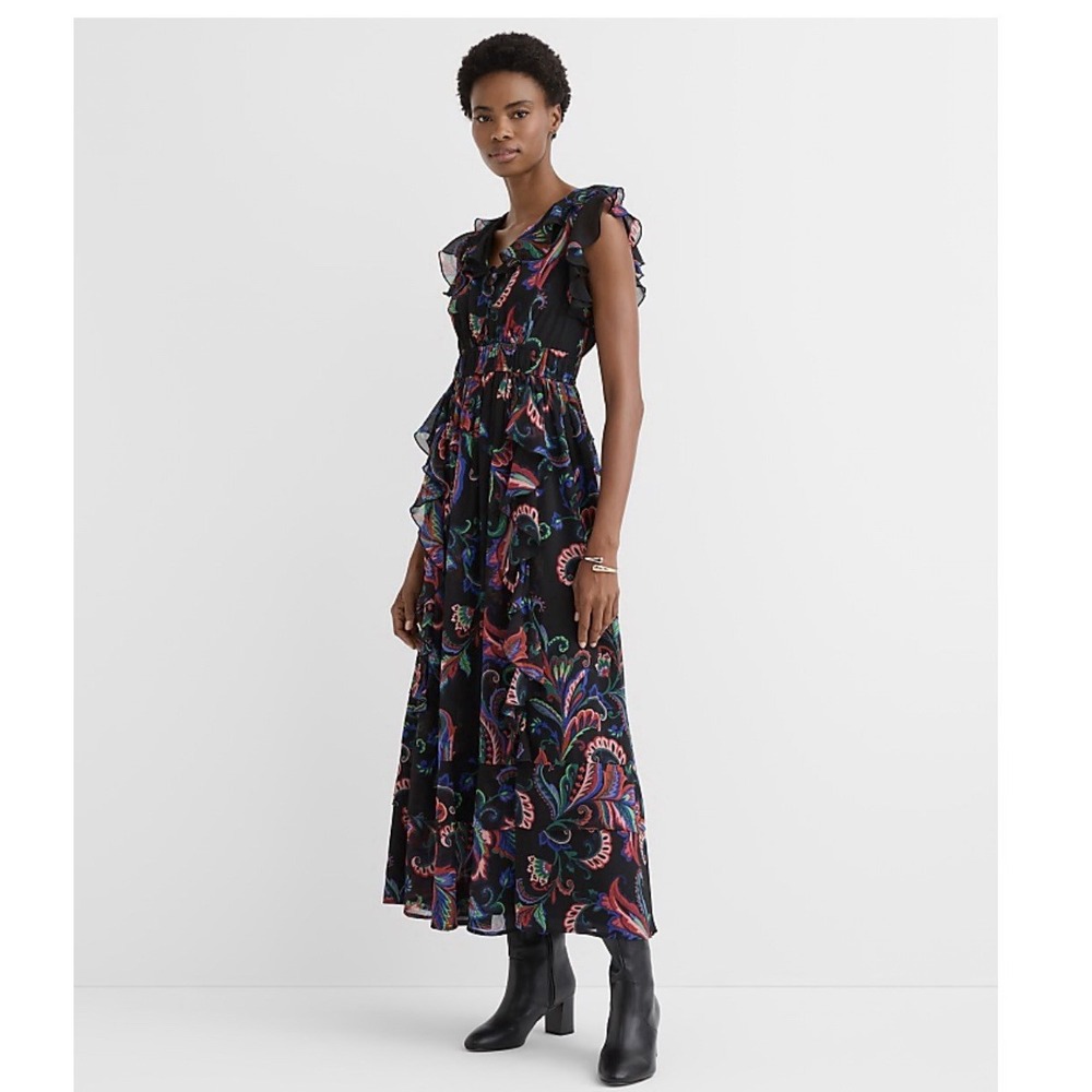 Loft Paisley Ruffle Flounce Maxi Dress Womens Petite Size MP Medium